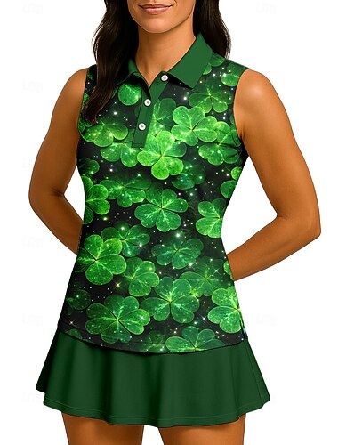  St Patrick Dam Klöver Sporttröja Vandringspolotröja Träningslinne Tennisskjorta Ärmlös Blommig Knappar UPF50+ UV-resistent Hög Elasisitet Fuktabsorberande Andningsfunktion Volleyboll Tennis Golf