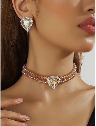  gargantilha feminina de cristal cor champanhe &Conjunto de brincos de pino em formato de coração com strass, estilo elegante e romântico para um encontro no Dia dos Namorados.