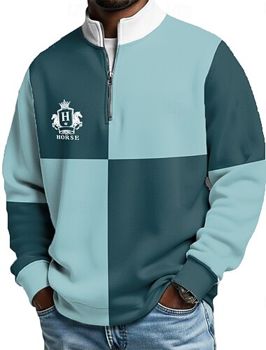  Men's Color Block Zip Polo Shirts Long Sleeve Polo Shirts Grandad Collar Casual School Athleisure Holiday Daily Wear 3D Print Quarter Zip Polo Spring Fall Blue Brown Green