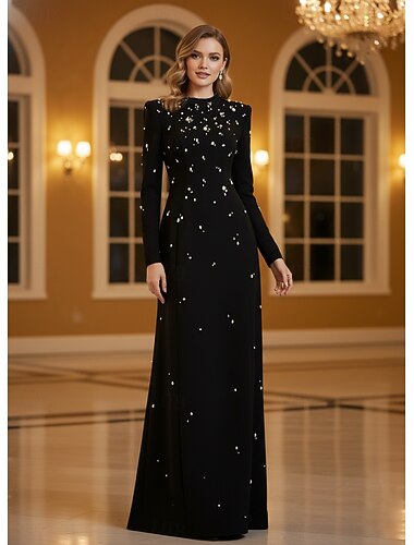  Schlankes  Kolonne Bodenlanges Formelles Kleid Abendkleid Abendkleid Elegant Vintage Langarm Rundhalsausschnitt Abendparty Hochzeit mit Kristallverzierungen