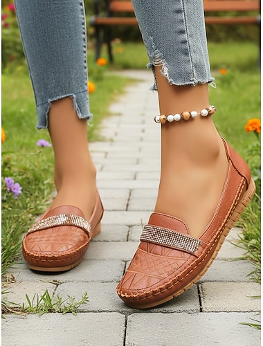  Kamel-farbene lässige Mokassins für Frauen – Slip-On-Loafers aus Kunstleder mit Strassriemen perfekt für bequeme Alltagskleidung Gehen Büro Autofahren und legere Outfits