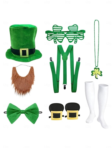  8-teiliges Koboldkostüm für Herren zum St. Patrick's Day – grüner Hut, Bart, Hosenträger, Fliege, Handschuhe, Halskette &Accessoires für festliche Anlässe