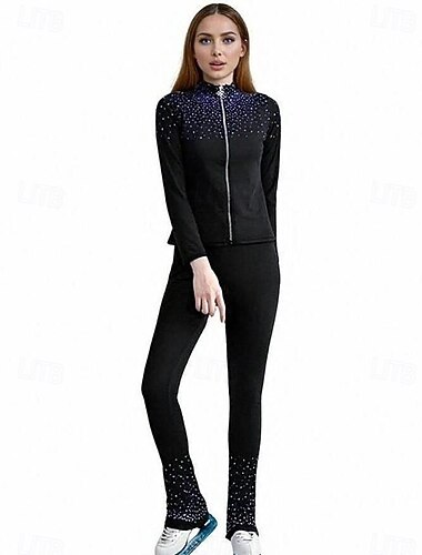  Kunstschaatsjas met broek, dames- en meisjesschaatsoutfit, zwart, elastisch, trainings- en wedstrijdschaatskleding, thermisch, warm, met kristallen/strasssteentjes, lange mouwen, kunstschaatsen.
