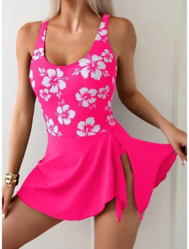  Dames Eendelig Badpak met Rok Monokini Rok Buikcontrole Hoge Taille Slim Rugloos Vakantie Vintage Bloemige Grafische U-hals Mouwloos Badpakken