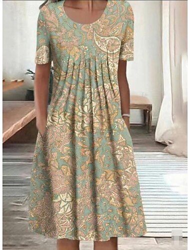  Dame Midikjole Imitert bomullslin Skiftkjole Uformell kjole Sommerkjole Mote Moderne Daglig Strand Helg Normal Blomstret Kortermet Crew-hals Blå Hvit Gul Rød Sommer