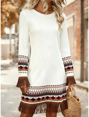  Dames Mini-jurk Schede jurk Feest Boho Strandstijl Schoolfeest Vakantie Feest Slank Lange mouw Strakke ronde hals Licht Bruin Bruin Beige Lente Herfst Winter