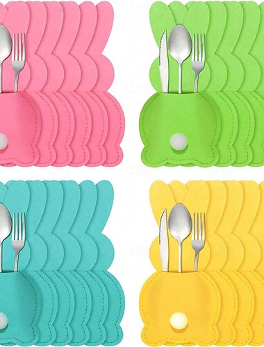  Conjunto de 12 porta-talheres em feltro com estampa de coelhinho da Páscoa, ideais para decoração de mesas de Páscoa, casamentos e aniversários. Disponíveis nas cores rosa, azul, verde e amarelo.