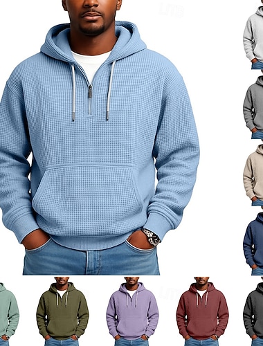 Herren Kapuzensweatshirt Waffle Kapuzensweatshirt Pullover Kapuzensweatshirt Viertelreißverschluss Kapuzensweatshirt Aprikose Weinrot Weiß Hellgrün Armeegrün Mit Kapuze Einfach Kängurutasche