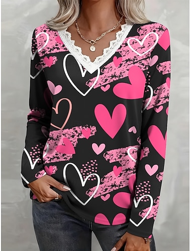  Valentinstag Damen T Shirt Spitze Druck Herz Grafik Vintage Stilvoll Lässig Langarm V Ausschnitt Normale Oberteile Täglich Wochenende Blau Rosa Rote Grün Frühling Winter