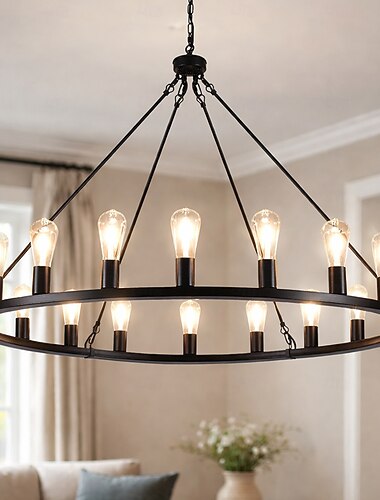  נברשת led שחורה על גלגלים 20 אור גדול עגול כפרי כפרי נברשת תעשייתית גוף תאורה לפינת אוכל סלון מטבח אי מסדרון מבואה