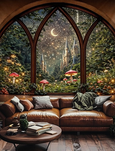  Wandteppich mit fantasievollem Schlossmotiv, zauberhafter Waldszene und großem Märchenmond-Wandbild für Schlafzimmer, Studentenwohnheim und Wohnzimmer