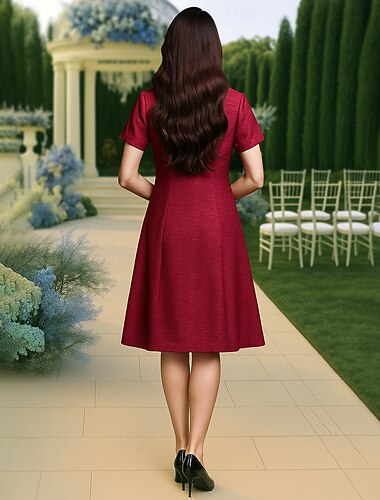  A-Linjainen polvipituinen valmistujaismekko juhlapuku cocktailpuku morsiamen äidin mekko lyhythihainen pyöreäkauluksinen elegantti vintage-tyylinen ylellinen brodeerauksella