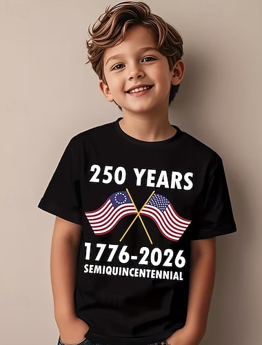  100% Baumwolle Kinder Jungen Schwarz Weiß Grafik USA Flagge 250-jähriges Jubiläum T-Shirt Bluse Rundhalsausschnitt Kurzarm Outdoor Alltagskleidung Mode Streetwear Designer Drucken Sommer
