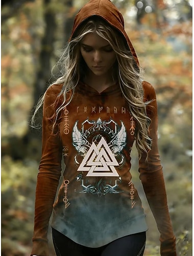  Dame Pullover hettegenser-genser Grafisk Geometrisk Fritid Langermet Med hette Vanlige topper Avslappet Hverdag Sport Brun Vår Høst