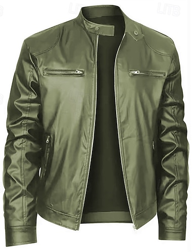  Herren Kunstlederjacke Bikerjacke Motorradjacke Urlaub Täglich Winddicht Warm Reißverschluss Herbst Winter Einfach Mode Klassisch Stehkragen Regulär Schwarz Rote Königliches Blau Blau Dunkelgrün