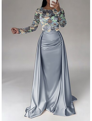  Ballkleid Bodenlange Schleppe Perlenbestickt Abendkleid Kleid der Brautmutter Abendkleid Ballkleid mit Überrock Festliche Kleidung Elegant Glitzernd Langarm U-Boot-Ausschnitt Hochzeit Formell Satin