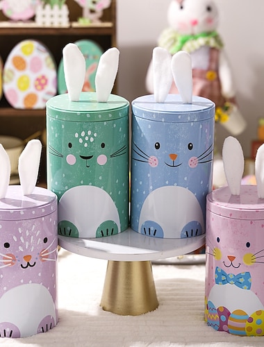  Caixa de decoração de coelhinho da Páscoa em lata, lindo pote de metal para doces, recipiente para guardar presentes em formato de coelho, balde para guloseimas em casa, lembrancinha de festa de