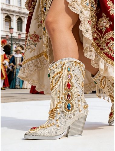  Damen Mardi Gras Barock Verzierte Karnevalsstiefel - Perlenbesetzte Westernabsätze mit bunten Edelsteinen für venezianische Maskeraden Kostümbälle und festliche Partykleidung
