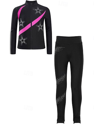  Eiskunstlaufjacke mit Hose, Damen- und Mädchen-Eiskunstlaufbekleidung, rosarot, dehnbar, Trainings- und Wettkampfbekleidung, wärmend, mit Kristall-/Strasssteinen besetzt, langärmlig, Eiskunstlauf