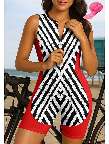  Naisten Triathlon Tri -puku Pyöräilypaitasarja Hihaton Kesä Musta Keltainen Rubiini Geometrinen Raita Pyörä 3D alusta Nopea kuivuminen Ultraviolettisäteilyn kestävä Etuvetoketju Heijastinraidat