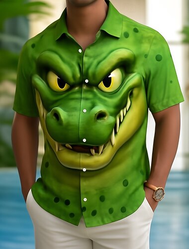  Homme Animal Crocodile Dessin Animé 3D Chemise Chemise Boutonnée Manche Courte Drôle Extérieur Fête Été Printemps Col Rabattu Impression 3D chemises à col Vert Kaki Gris