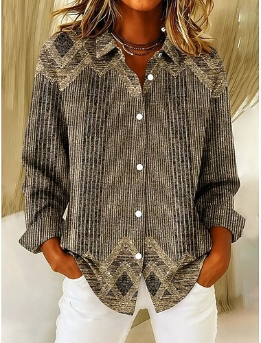  Dam Skjorta Blus Lappverk Knappar Mönster Grafisk Geometrisk Rutig Vintage Dagligen Stylish Långärmad Tröjkrage Vanliga toppar Dagligen Blå Rubinrött Kaki Vår Höst Vinter