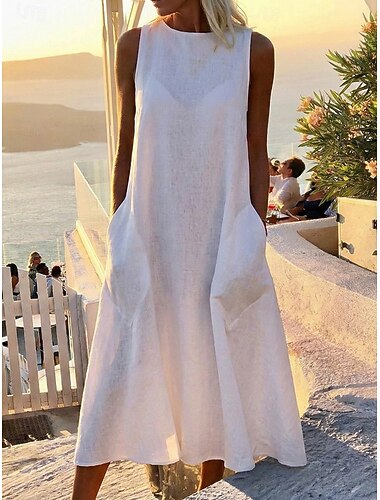  Mulheres Vestido Longo Linho de algodão sintético Vestido de turno Vestidos Para o Verão Vestido branco Roupa de rua Casual Férias Ajuste Largo Sem Manga Gola Redonda Preto Branco Amarelo Cinzento
