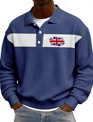  رجالي علم المملكة المتحدة قمصان بولو الوافل كم طويل قمصان البولو Lapel كاجوال ملابس الرياضة مناسب للبس اليومي طباعة ثلاثية الأبعاد الربيع الخريف الشتاء أزرق أحمر أزرق البحرية