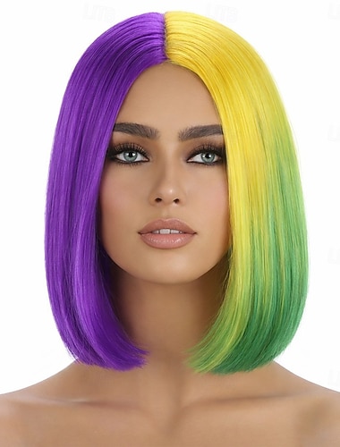  Karnevalsperuk Lila Grön Gul Rak Bob Kort Syntetisk Festivalperuk Mardi Gras Paradvap cosplay-kostyms Hår för kvinnor