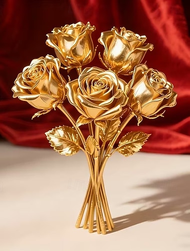  6 Stück Valentinstag goldene Rosen künstliche Blumen – realistische Kunstrosenstrauß für Wohnkultur Büro Wohnzimmer Partys Geburtstagsgeschenke Muttertag Erntedankfest