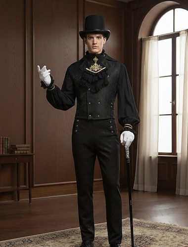  Set Punk & Gothique Médiéval Veste Queue-de-pie Chemise Manches longues Vampire Noble Déguisement Homme Fantaisie Royal Steampunk Noël Halloween Carnaval Performance Scène Foire de la Renaissance