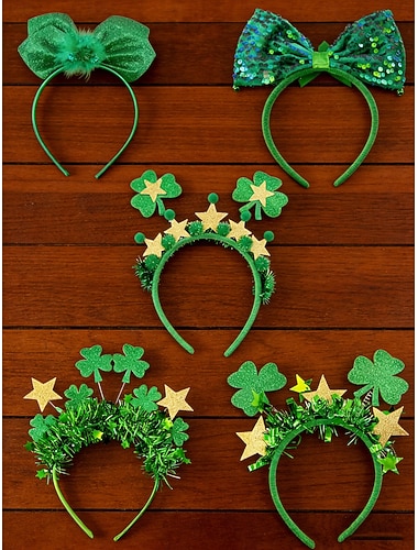  Dames haarbandenset voor St. Patrick's Day (5 stuks) - groene glitter klaver &Haarstrikken, feestelijke Ierse accessoires voor een feestkostuum, parade of feest. &viering