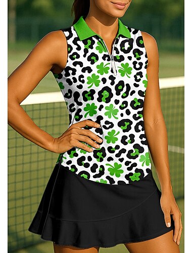  St. Patrick Damen Leopard Kleeblatt Sporthemd Golf-Poloshirt Tank Top Tennis Shirt Ärmellos Reißverschluss Blumen UPF50+ UV-beständig Hohe Elastizität Feuchtigkeitsableitend Atmungsaktiv Volleyball