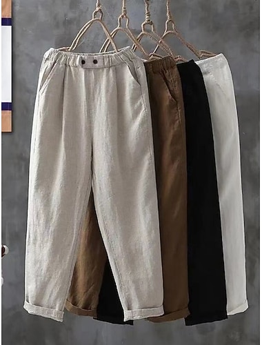  Damen Hose aus Baumwollleinen Hose Sommerhose Baggy-Hosen Urlaub Basic Lässig Knöchellang Hohe Taille Einfach Tasche Elastischer Bund Komfort Weich Atmungsaktiv Mikroelastisch Strand Ferien Schwarz