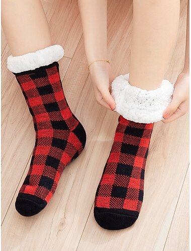  Kvinnelige Mardi Gras fleecefôrede bøffelrutete gulvstrømper koselige antiskli varme tøfler vinterkarnevalfester og hjemmebruk