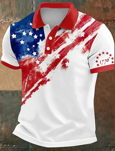  4. července 2026 250. Pánské Americká americká vlajka Pólo Krátký rukáv Polo tričko Klopa Na běžné nošení Oblečení na atletiku Denní nošení Festivalový outfit 3D tisk Knoflíky Léto Bílá
