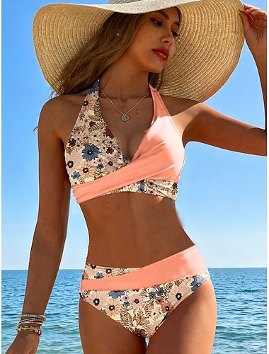  Costume da bagno bikini da donna 2 pezzi ruched alla moda floreale scollo a V senza maniche