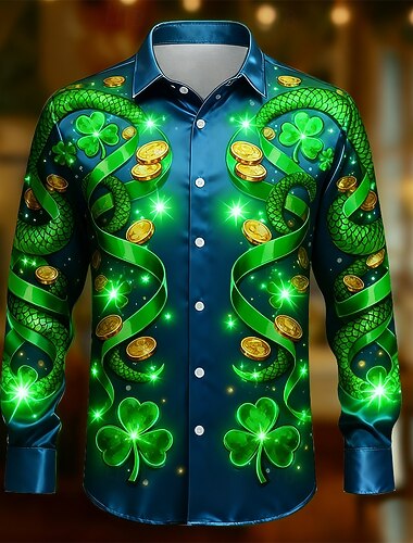  St. Patrick's Day Herren Kleeblatt Goldmünze Bänder Hemd Satin Hemd Kleid Hemd Langarm Vintage Retro Party Urlaub Sommer Frühling Umlegekragen 3D Druck Knopf-Down Hemden Blau
