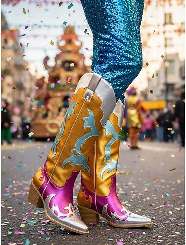  Dámské pestré metalické cowboy boty na karneval - stříbrné růžové a oranžové blokový podpatek připravené na festival