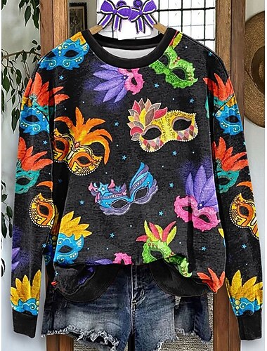  Karnevalens dam pullover sweatshirt grafisk abstrakt avslappnad långärmad crew neck vanliga toppar avslappnad gata vardagskläder vit lila grön regnbåge vår vinter