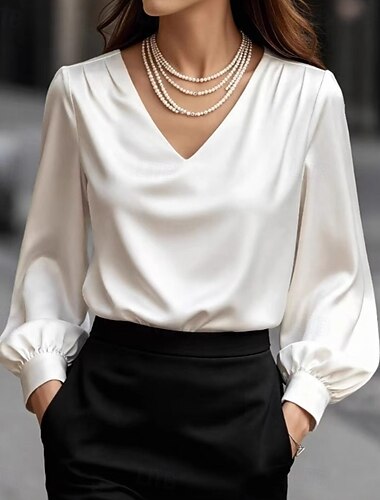  Dames Satijnen overhemd Overhemd Blouse Elegant Modieus Werk Lange mouw Bisschop V-hals Dagelijks Buiten Werk Zwart Wit Wijn Beige Lente Herfst