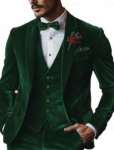  Herr Smokingar Sammetskostym Fest Svart Grön Vinter Kostym Spetsslag Mode Ledigt Solid färg Skräddarsydd passform 3 delar set Singelknäppt Två knappar