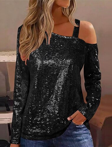  Dam Blus Dressiga toppar Toppar med paljetter Rynkad Paljetter Lappverk Ensfärgat Slät Elegant Vintage Stylish Långärmad Asymmetrisk Vanliga toppar Dagligen Arbete Utekväll Blå Svart Vit Rubinrött