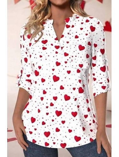  Valentinstag Damen Hemd Tasche Herz Grafik Elegant Niedlich Täglich Dreiviertelarm V Ausschnitt Täglich Arbeit Ferien Weiß und Rot Sommer Frühling Herbst Winter