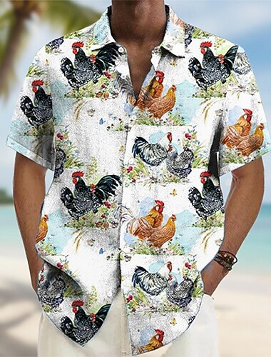  Herr Djur Tupp Rolig Hawaii skjorta Knapp upp skjorta Aloha skjorta Kortärmad Hawaiisk Semester Standkläder Sommar Vår Nedvikt 3D-utskrift krage skjortor Vit Rubinrött