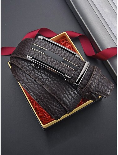  Pánský společenský opasek z umělé kůže, automatická přezka s texturovanou úpravou, klasický formální styl, černá a kávová barva, na svatby, do obchodních schůzek a do elegantně ležérních outfitů