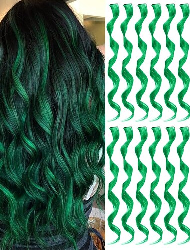  Perucas Verdes 16 Pcs Extensões de Cabelo Colorido Cacheadas Onduladas Clip em Peça de Cabelo Sintético Mechas para Meninas Mulheres Crianças Multicores