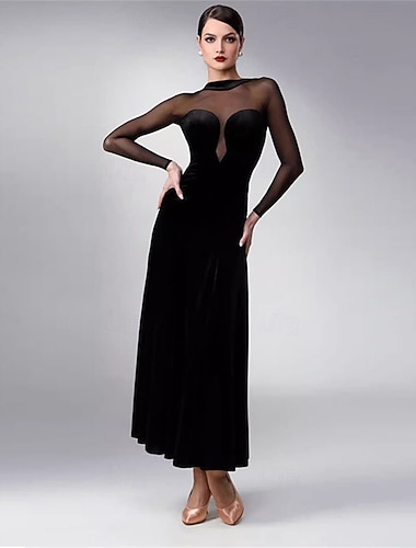  Kjole til dame med ballroom-dans, fløyelsnett, lange ermer, vals, tango, latin, konkurranse, ytelseskjole, elegant, svart