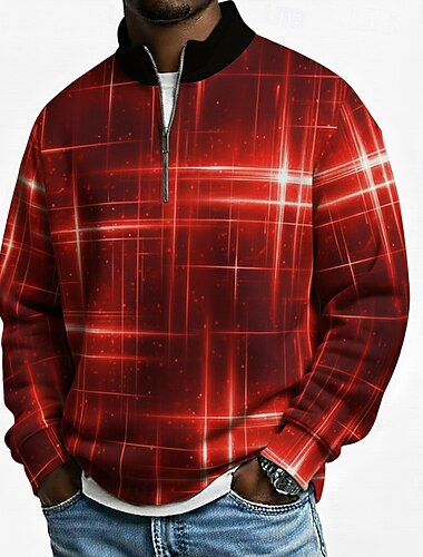  Men's Geometic Line Polo Long Sleeve Standing Collar Athleisure Vacation Athleisure Casual Daily 3D Print Spring Fall Winter Blue Black Red