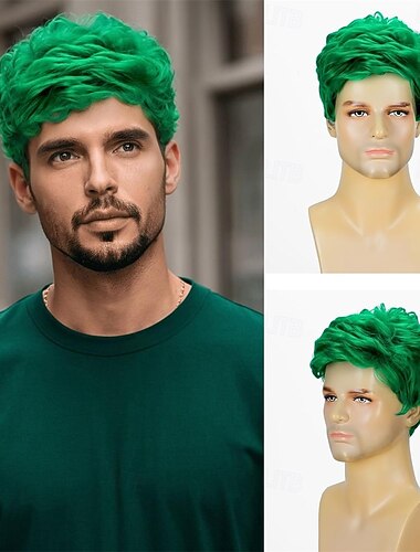  Grüne Perücken Synthetische Perücke Lockig Mit Pony Maschinengefertigte Perücke Kurze Grüne Synthetikhaare Männer Natürlich Party Grün